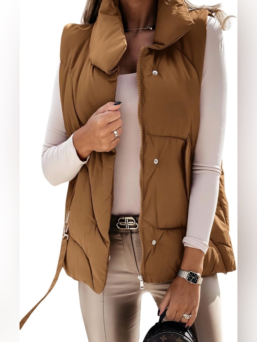 Camel Brown Oversized Puffer Vest | Stand Collar Zip Snap Sleeveless Jacket